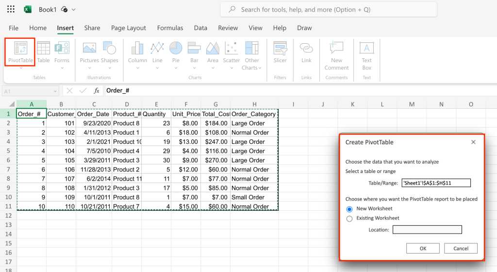 create pivottable dialog box