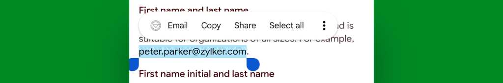 Android text selection shortcuts: Email