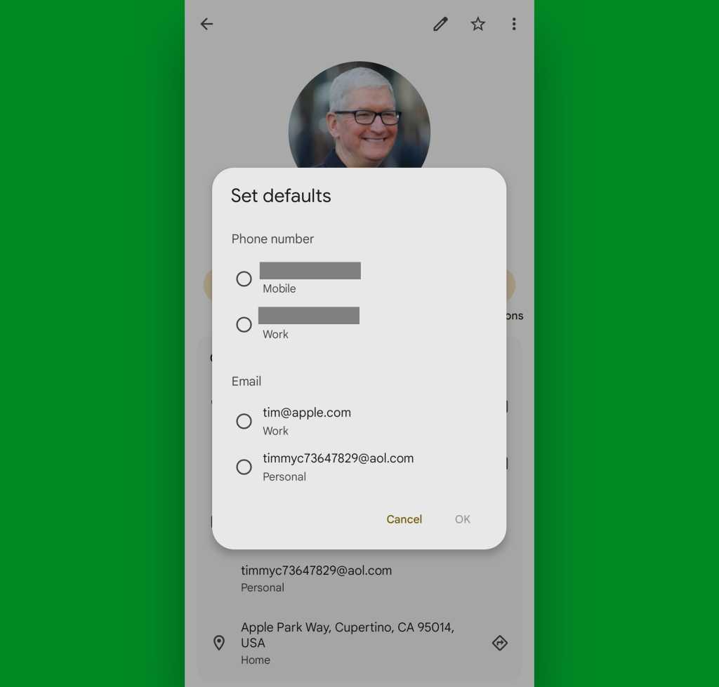 Google Contacts Android: Defaults