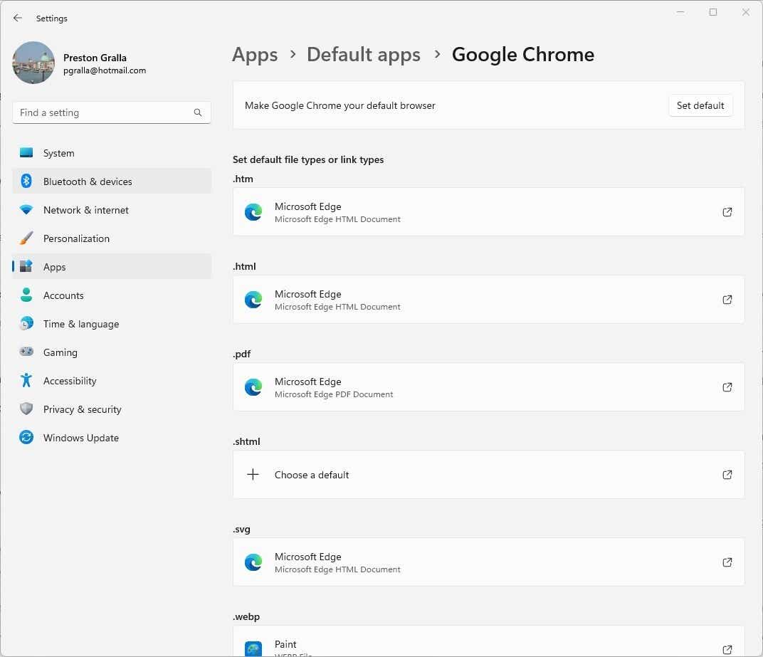 win11 settings chrome default browser