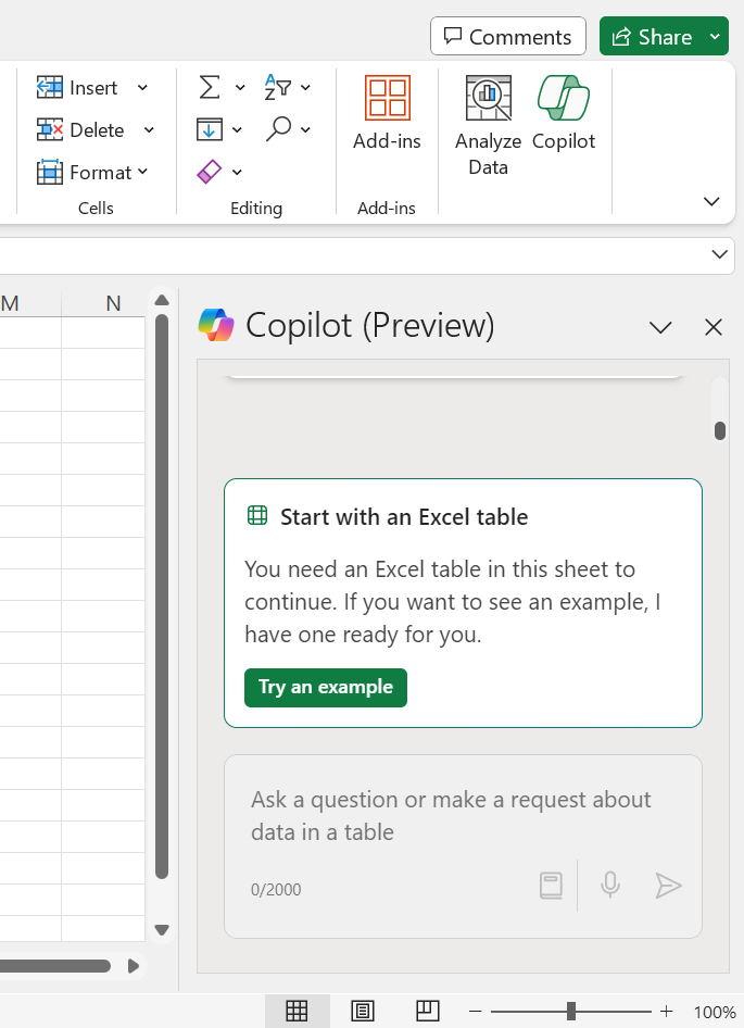 copilot in excel asking for data to be put in table format