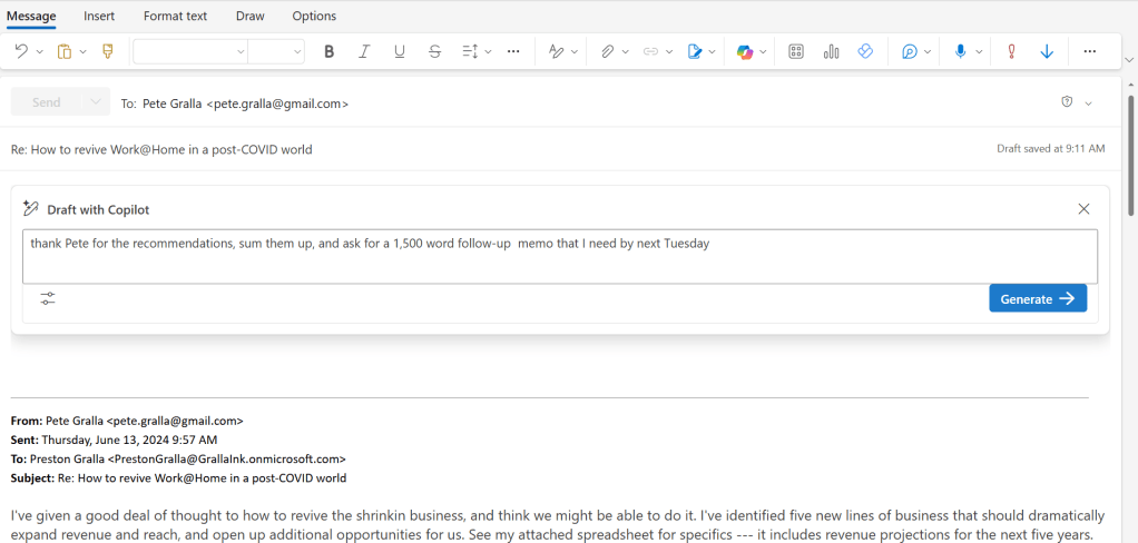 copilot drafting a response to an email in outlook
