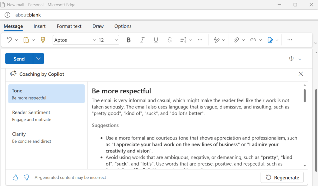 copilot coaching for an email draft