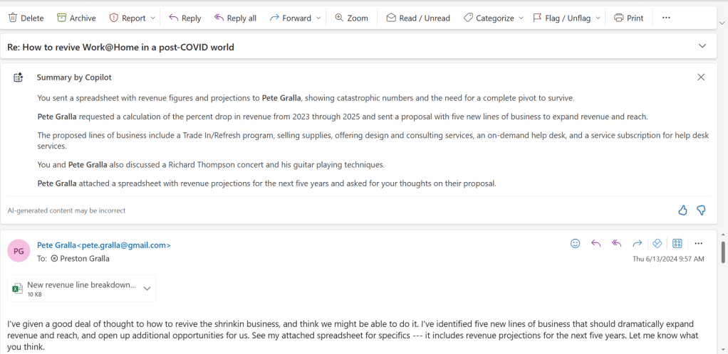 copilot summarizing an email thread