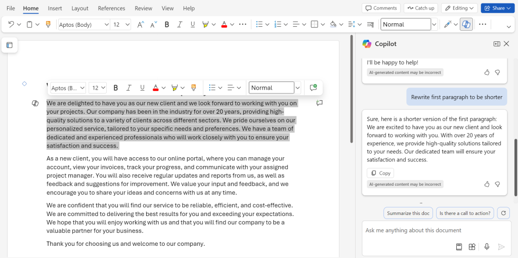 word copilot sidebar with rewritten text