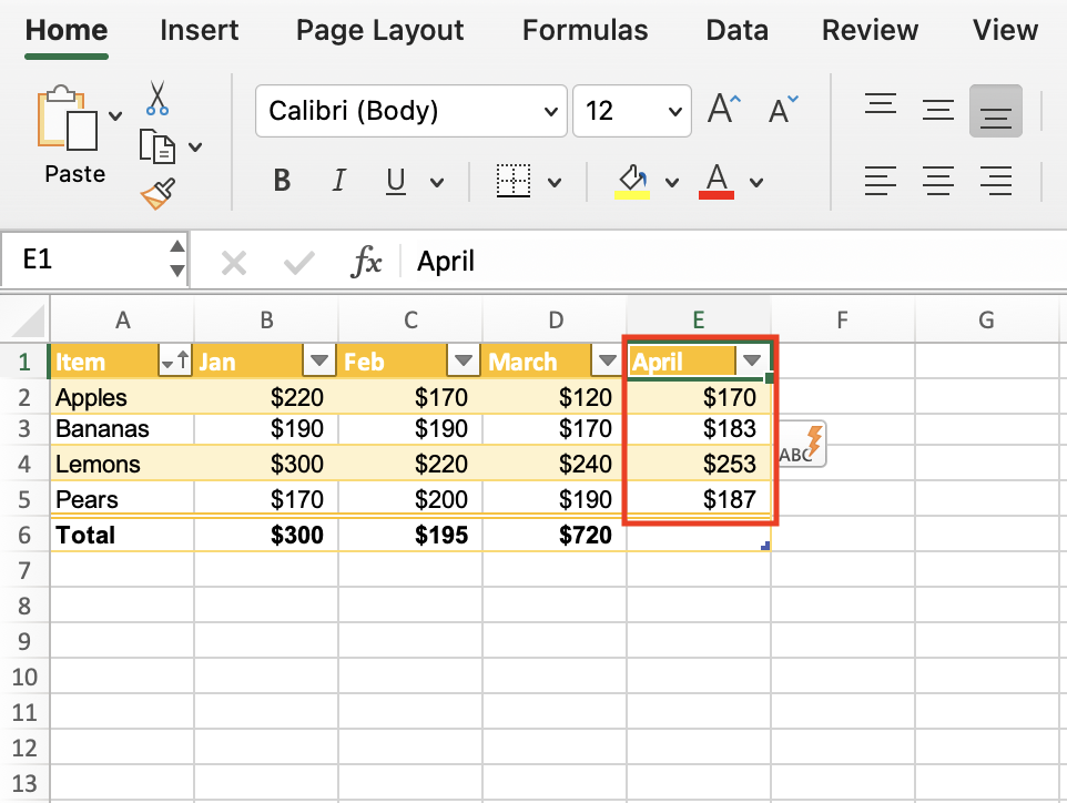 calculated average column in table