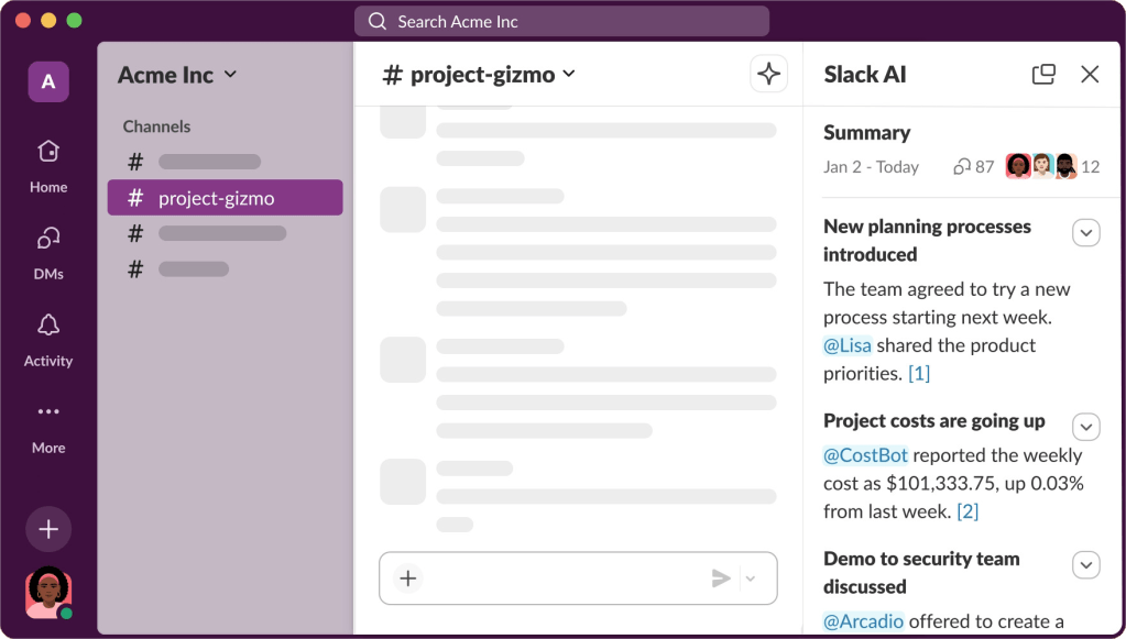 slack ai summarizing channel activity