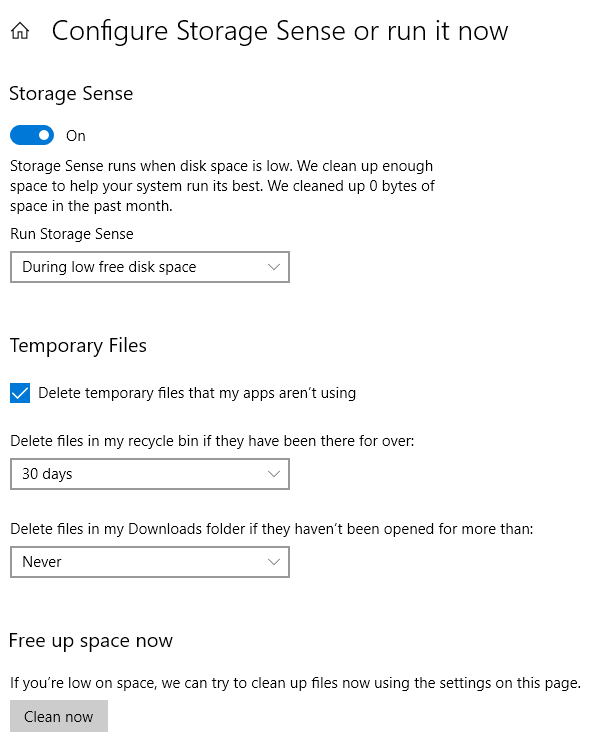 storage sense screen in windows 10