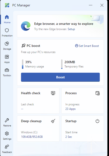 microsoft pc manager main window